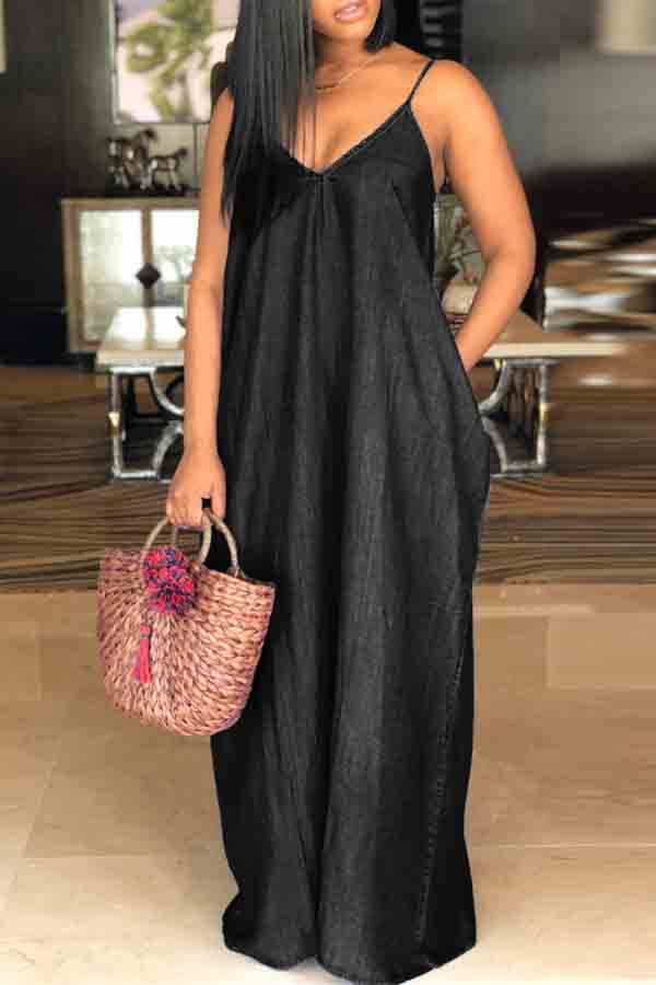 LW Stylish V Neck Black Maxi Denim Dress