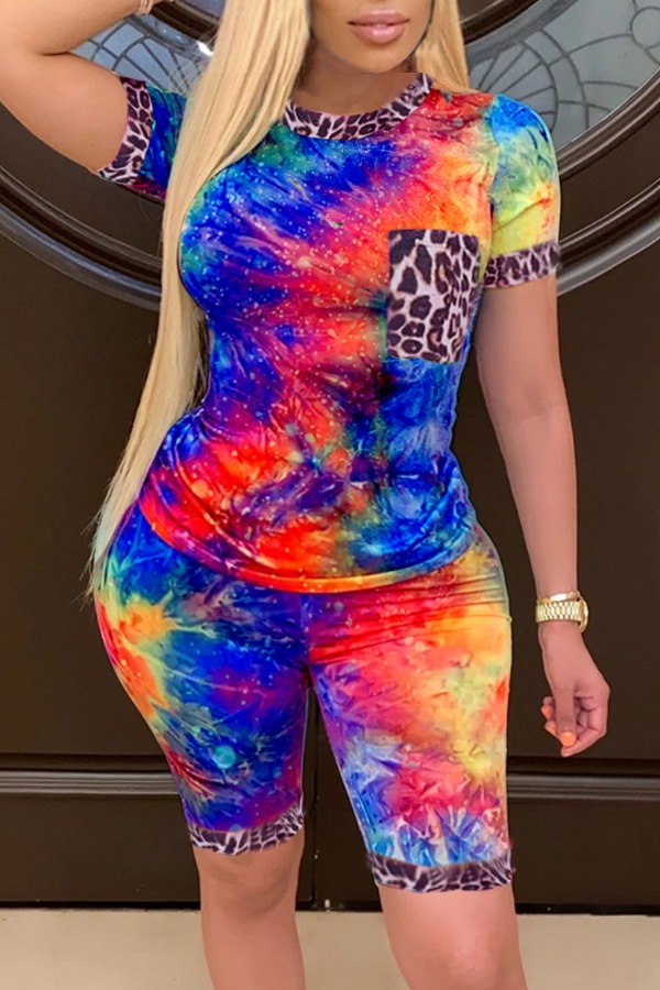 

Lovely Street Tie-dye Patchwork Multicolor Plus Size Two-piece Shorts Set, Multi
