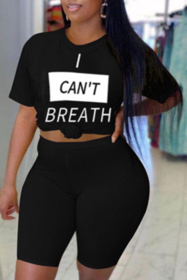 

Lovely Casual Letter Print Black Plus Size Two-piece Shorts Set