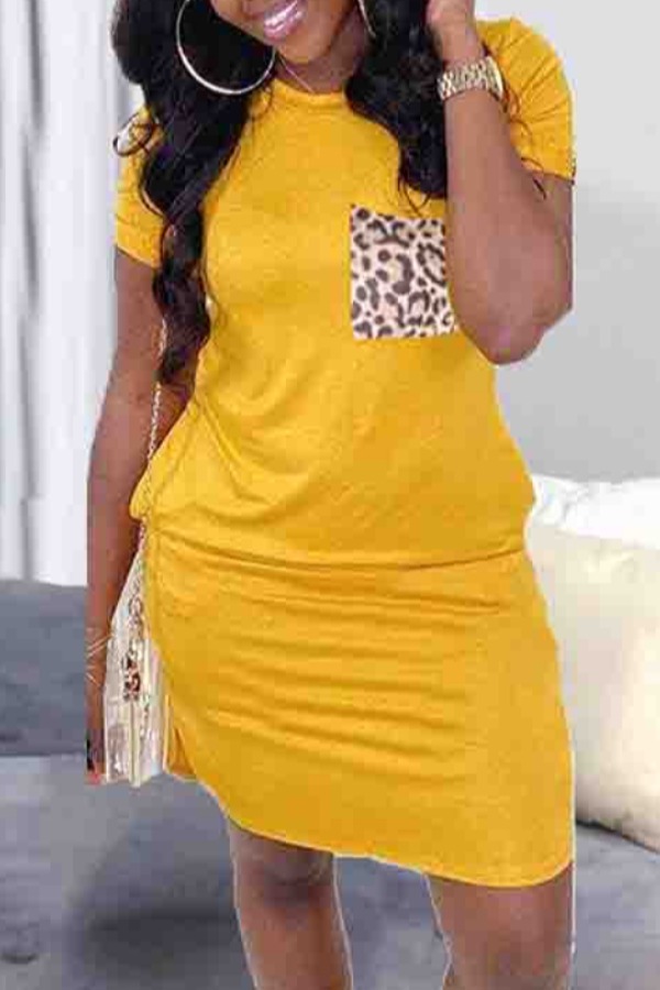 

Lovely Casual O Neck Patchwork Yellow Knee Length Dress