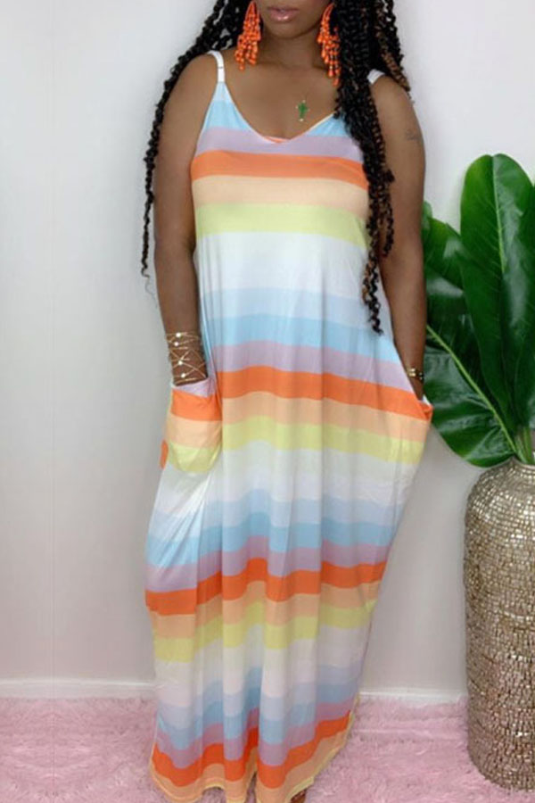 

Lovely Casual Striped Print Orange Maxi Dress