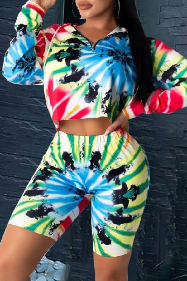 

lovely Street Hooded Collar Tie-dye Multicolor Two-piece Shorts Set, Multi