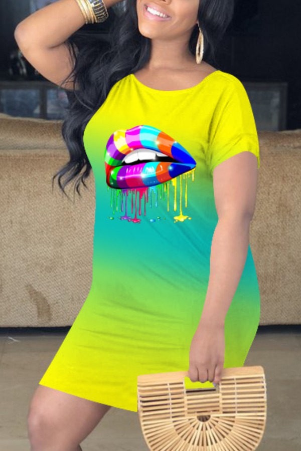 

lovely Street O Neck Lip Print Yellow Mini Dress