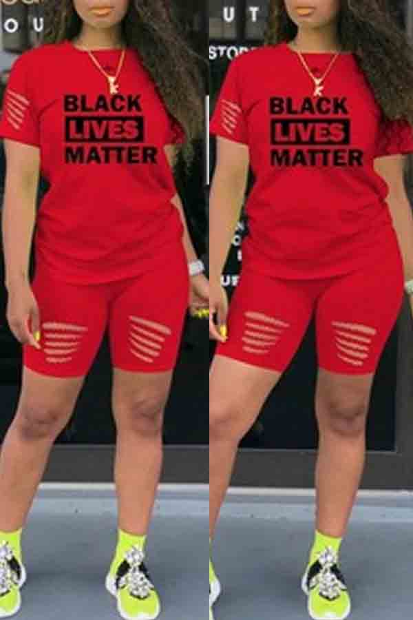 

lovely Street Letter Print Red Two-piece Shorts Set