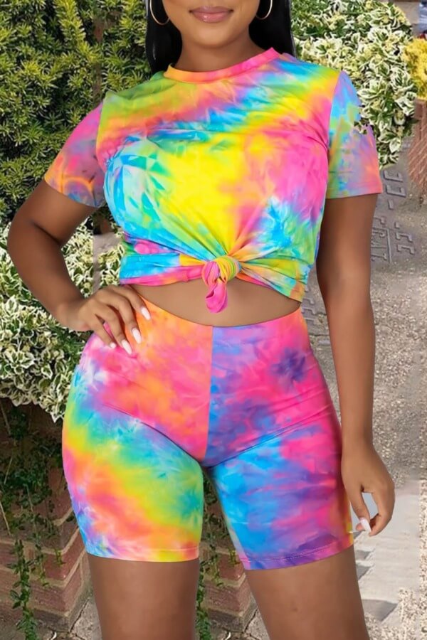 

Lovely Street O Neck Tie Dye Rose Red Two Piece Shorts Set