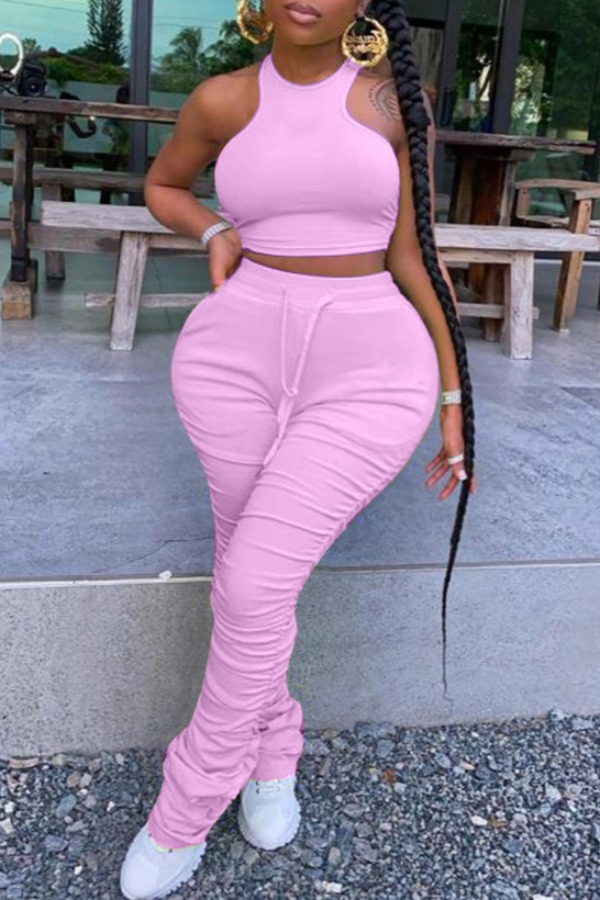 

lovely Sportswear Fold Design Pink Plus Size Two-piece Pants Set