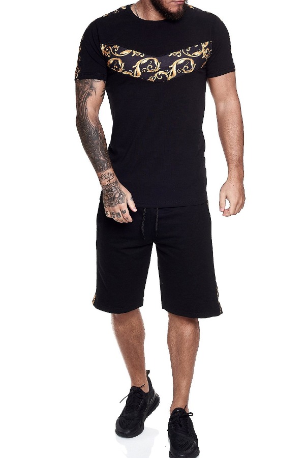 Lovely Casual O Neck Print Black Two-piece Shorts Set