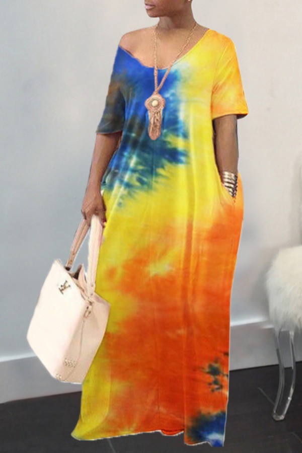 

Lovely Stylish Tie-dye Orange Maxi Plus Size Dress