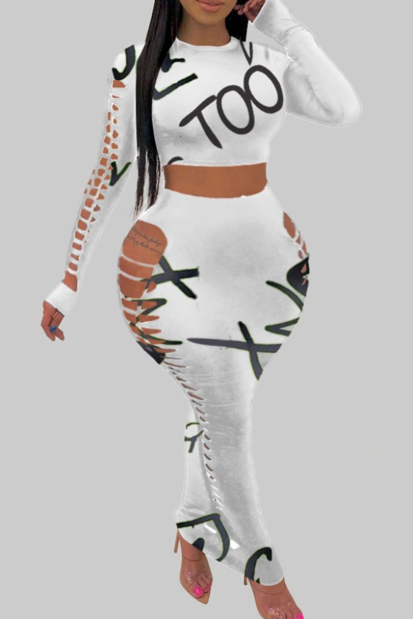 

Lovely Sexy Letter Print White Plus Size Two-piece Skirt Set