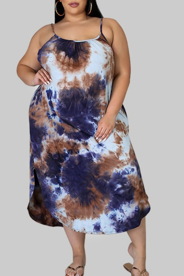 

Lovely Stylish Tie-dye Blue Mid Calf Plus Size Dress