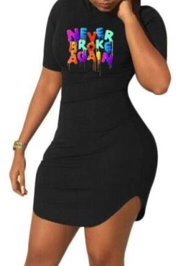 

Lovely Casual O Neck Letter Print Black Mini Dress