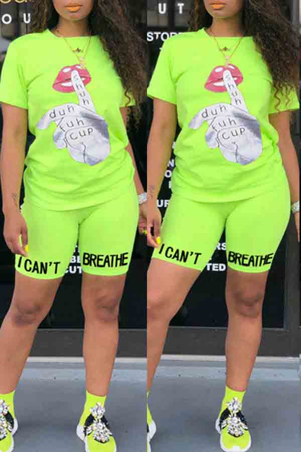

lovely Leisure O Neck Print Green Two-piece Shorts Set