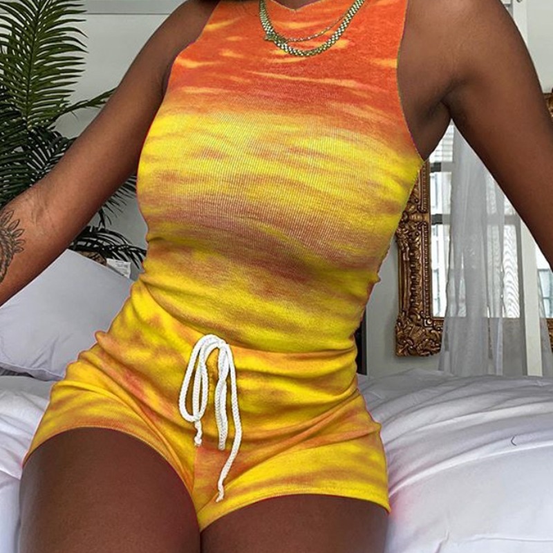 

lovely Sportswear Tie-dye Lace-up Yellow Two-piece Shorts Set