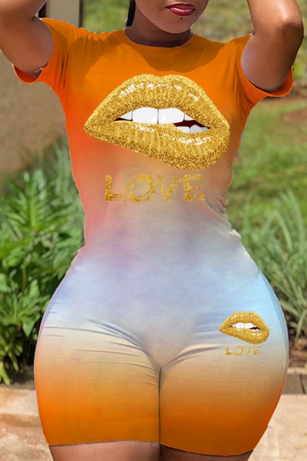 

lovely Sportswear Lip Print Orange One-piece Romper