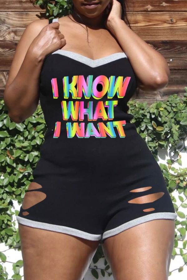 

Lovely Sportswear Letter Print Hollow-out Black One-piece Romper