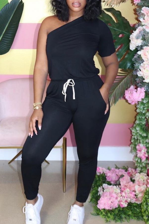 Lovely Casual One Shoulder Lace-up Black One-piece Jumpsuit