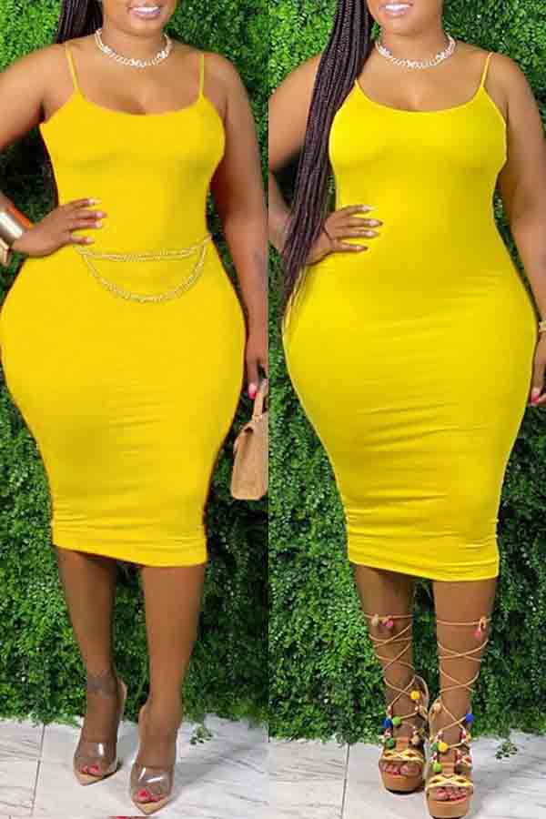 

lovely Sexy Basic Skinny Yellow Knee Length Plus Size Dress