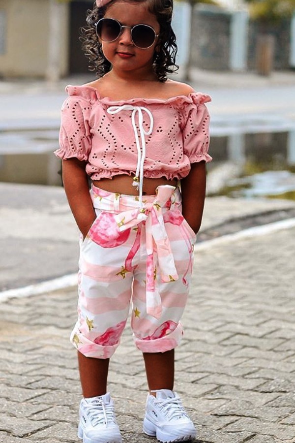 

lovely Stylish O Neck Print Pink Girl Two-piece Pants Set