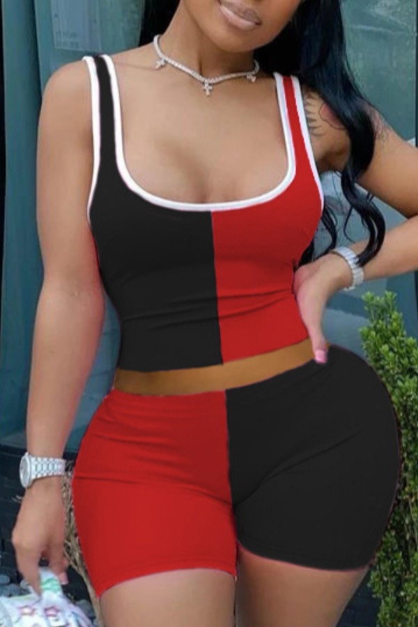 

lovely Sportswear U Neck Patchwork Black Plus Size Two-piece Shorts Set