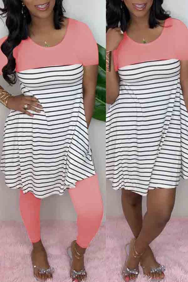 

lovely Casual O Neck Striped Patchwork Pink Two-piece Pants Set