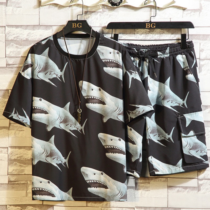 

lovely Trendy O Neck Print Black Two-piece Shorts Set