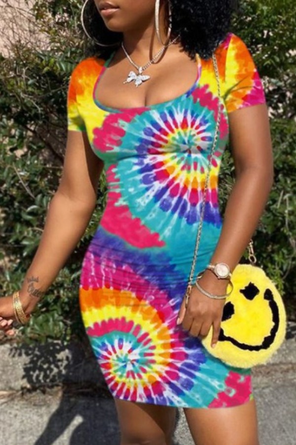 

Lovely Casual O Neck Tie-dye Hollow-out Multicolor Mini Dress, Multi