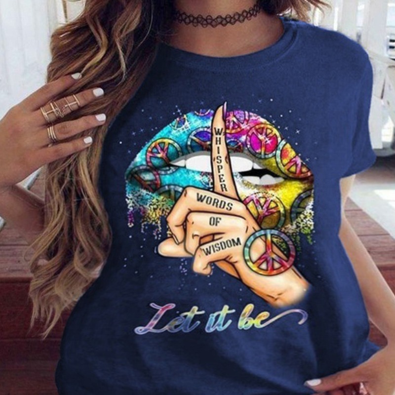 

Lovely Leisure O Neck Lip Print Blue Plus Size T-shirt