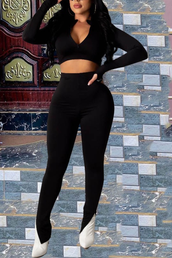 

lovely Casual Zipper Design Black Two-piece Pants Set