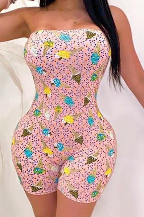 

Lovely Stylish Dew Shoulder Print Light Pink One-piece Romper