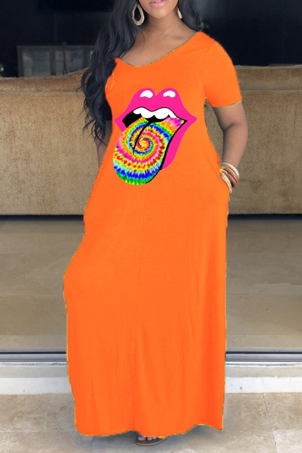 

lovely Casual V Neck Lip Print Jacinth Maxi Dress
