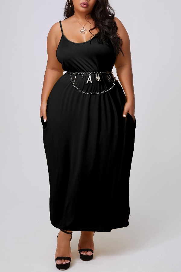 

lovely Casual Basic Black Mid Calf Plus Size Dress