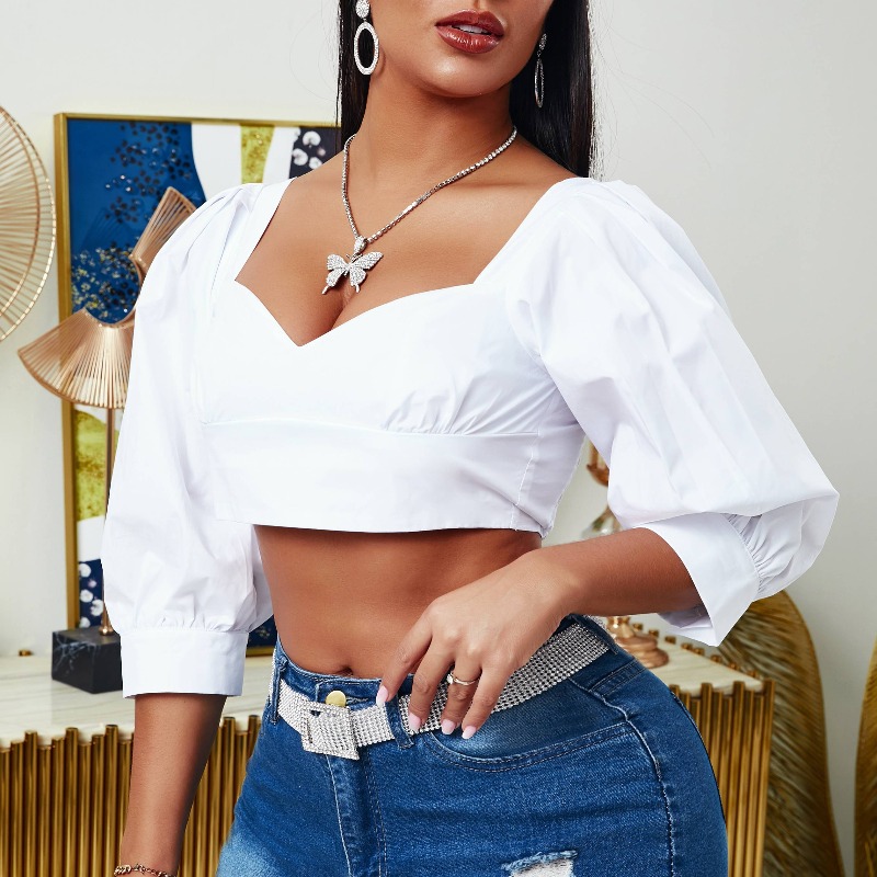 

lovely Stylish Puffed Sleeves White Blouse