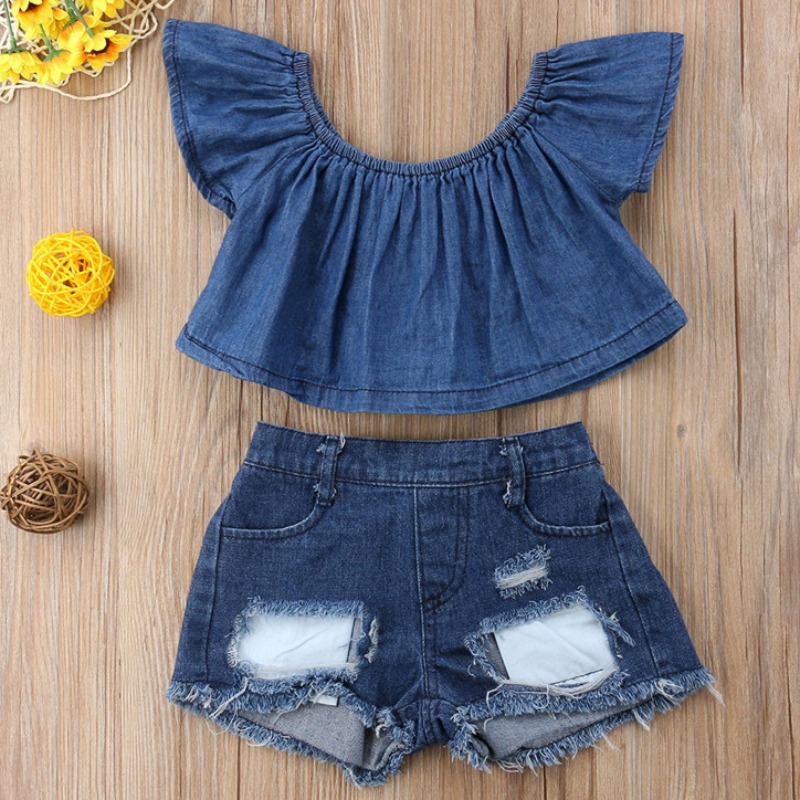 lovely Stylish Broken Holes Blue Girl Two-piece Shorts Set