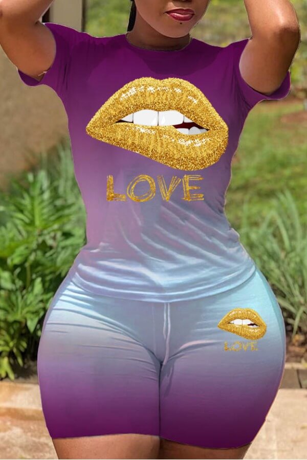 

LW Casual O Neck Lip Print Purple Two-piece Shorts Set