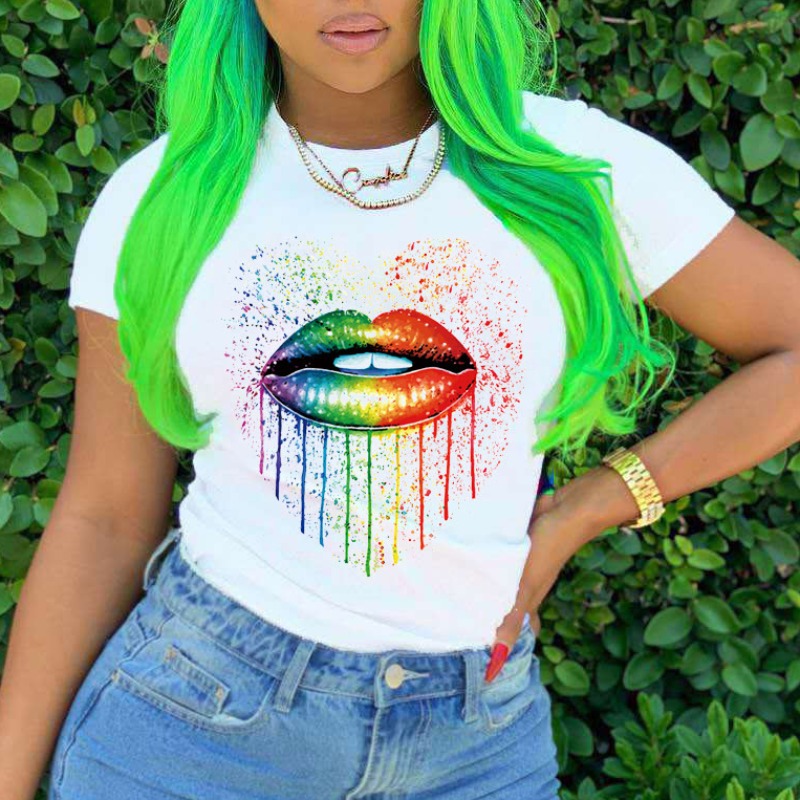 

lovely Leisure O Neck Lip Print White T-shirt