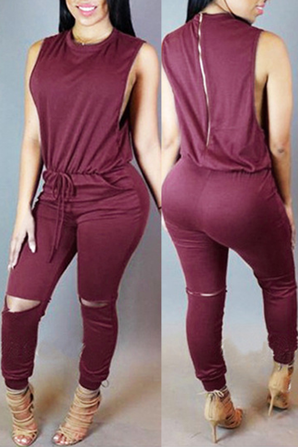 

Lovely Casual Hollow-out Purplish Red One-piece Jumpsuit