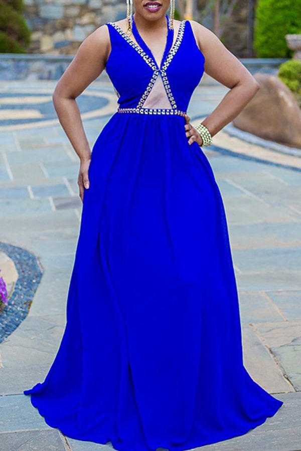 

lovely Trendy Hot Drilling Decorative Blue Maxi Dress