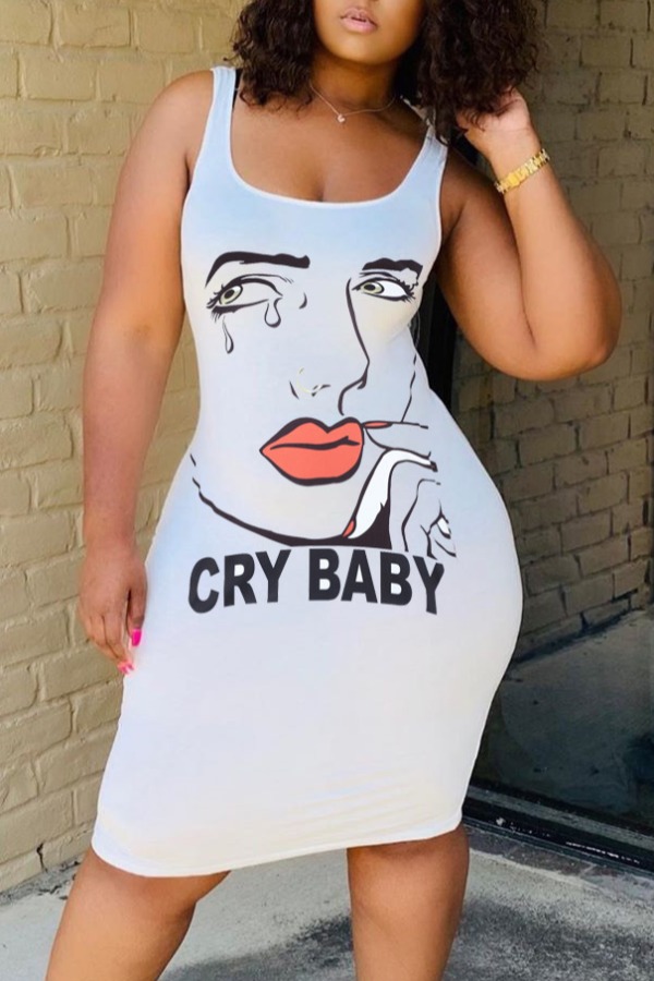 

lovely Street U Neck Print White Knee Length Dress