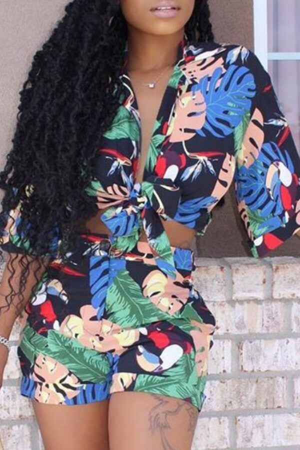 

Lovely Stylish Plants Print Multicolor Two-piece Shorts Set, Multi