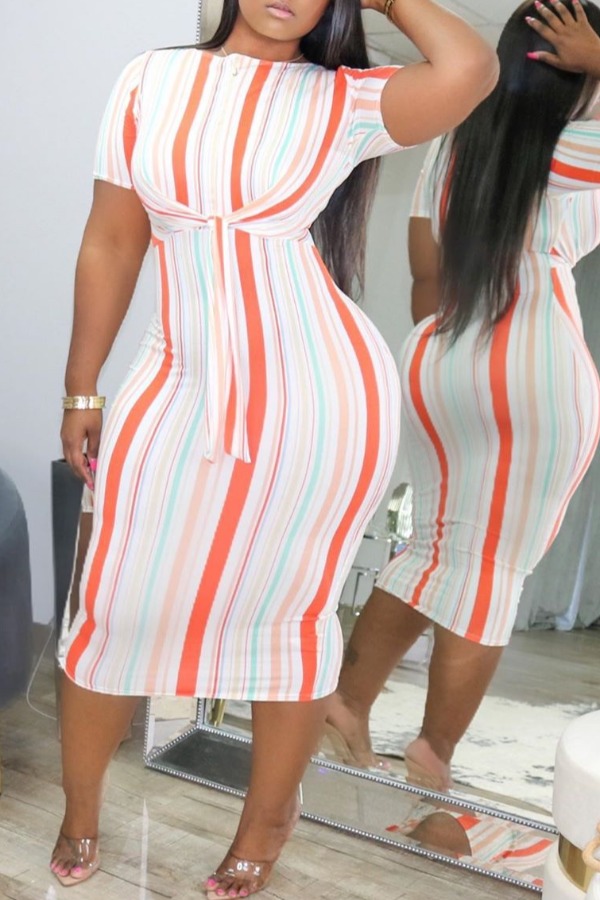

lovely Casual O Neck Striped Knee Length Plus Size Dress, Stripe