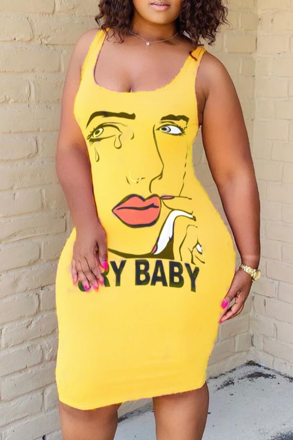 

lovely Street U Neck Print Yellow Knee Length Dress