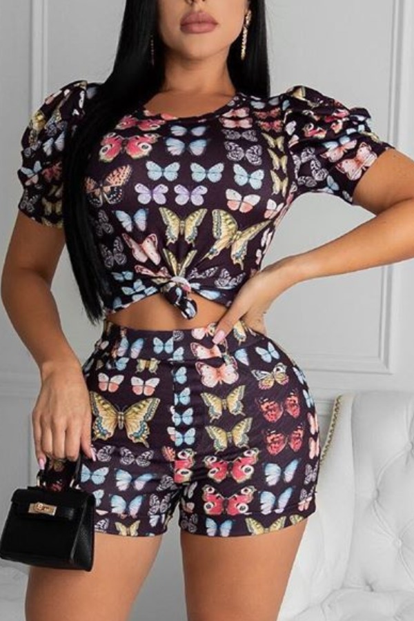 

lovely Stylish O Neck Butterfly Print Multicolor Two-piece Shorts Set, Multi