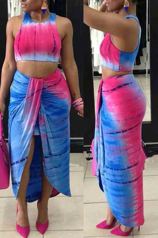 

lovely Leisure Tie-dye Baby Blue Two-piece Skirt Set