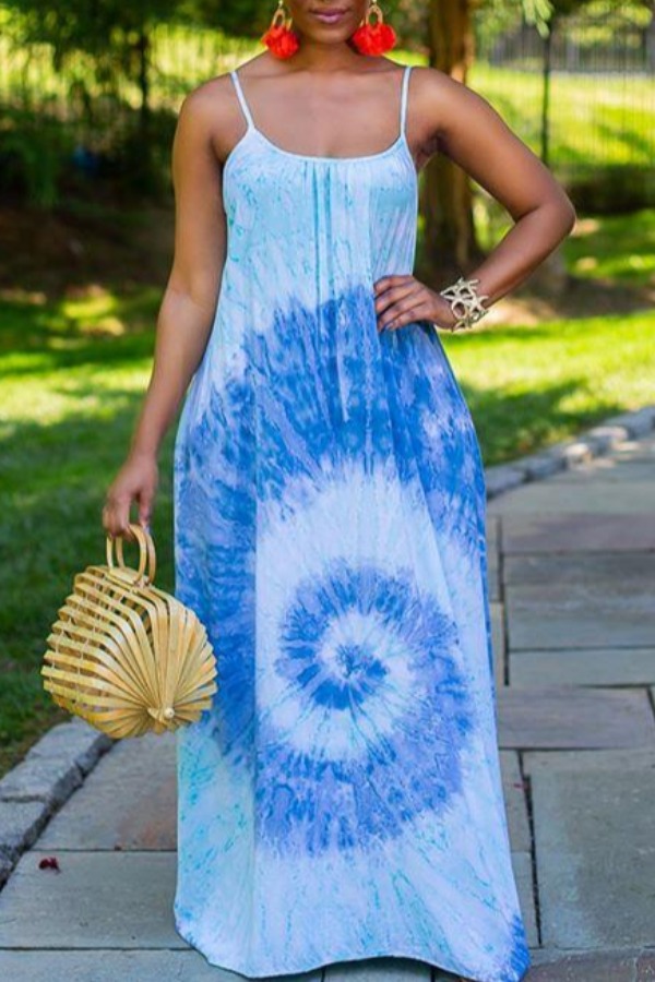 

lovely Bohemian Tie-dye Baby Blue Ankle Length Dress