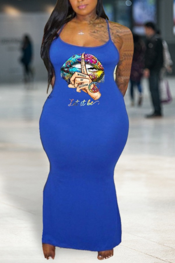 

lovely Leisure U Neck Lip Print Blue Ankle Length Plus Size Dress