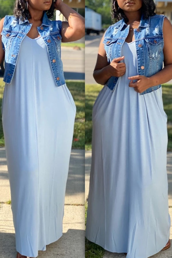 

Lovely Casual V Neck Loose Baby Blue Maxi Dress