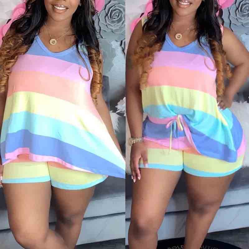 

Lovely Casual V Neck Striped Plus Size Two-piece Shorts Set, Stripe