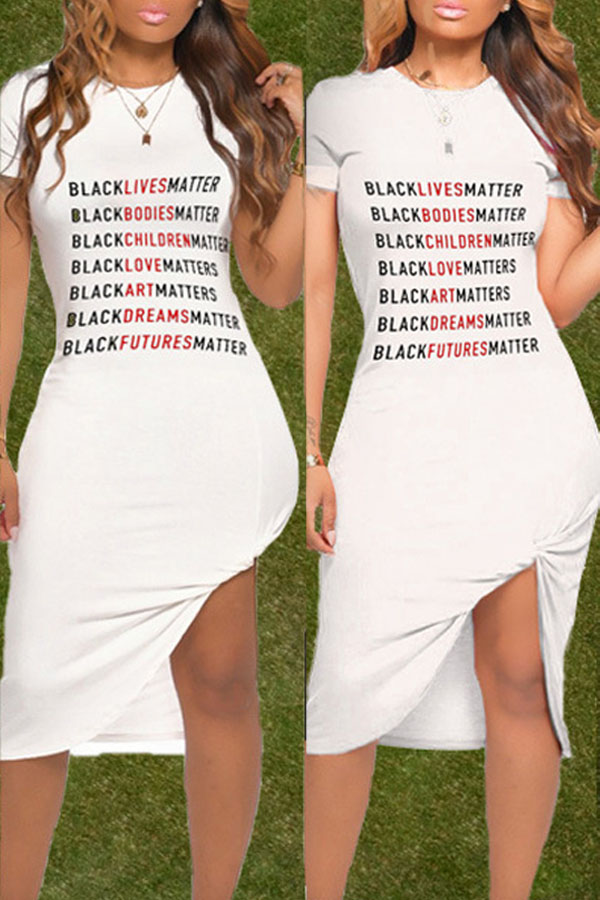 

lovely Leisure O Neck Letter Print White Mid Calf Dress