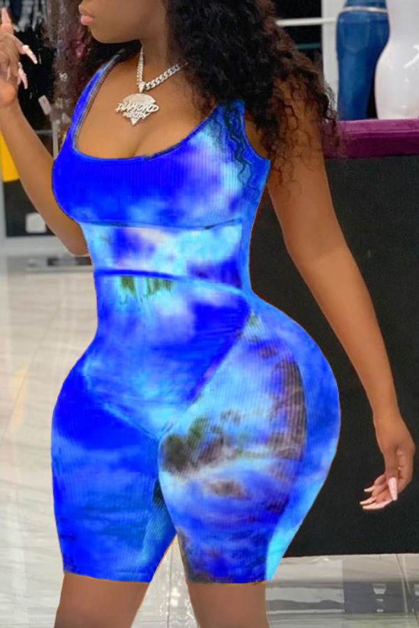 

lovely Trendy Tie-dye Blue Plus Size One-piece Romper