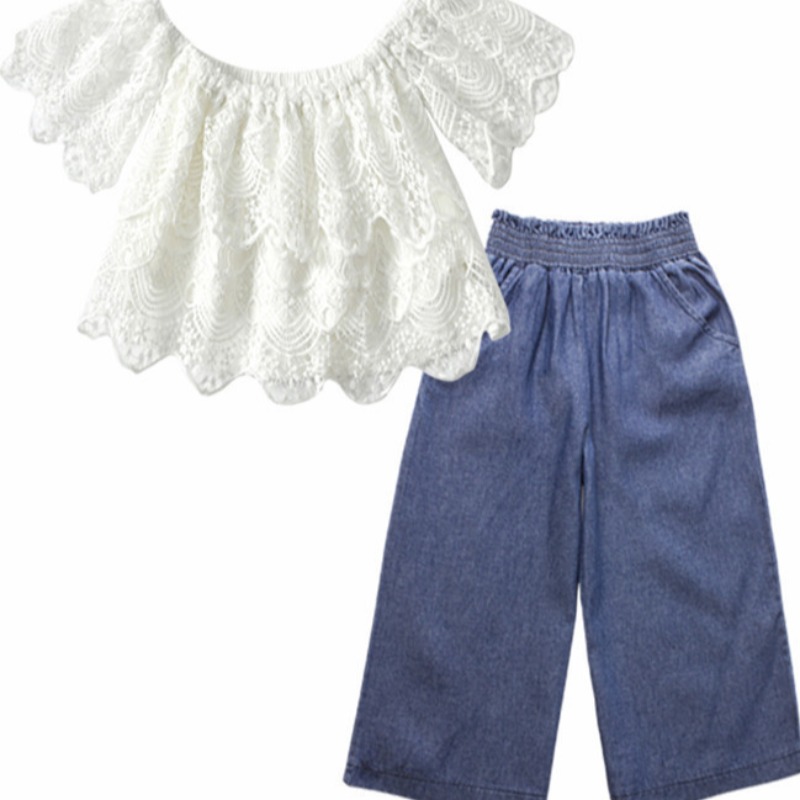 

lovely Sweet Lace Hem White Girl Two-piece Pants Set